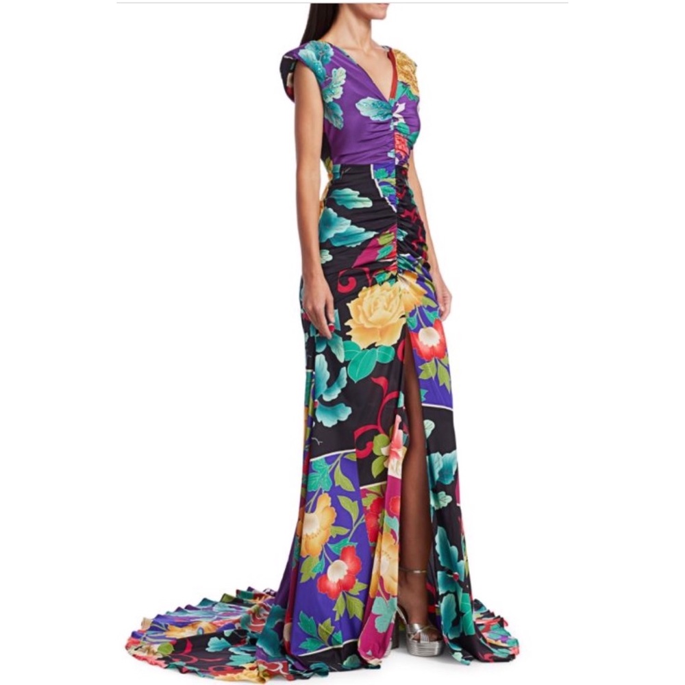ETRO JAPANESE FLORAL RUCHED SILK GOWN